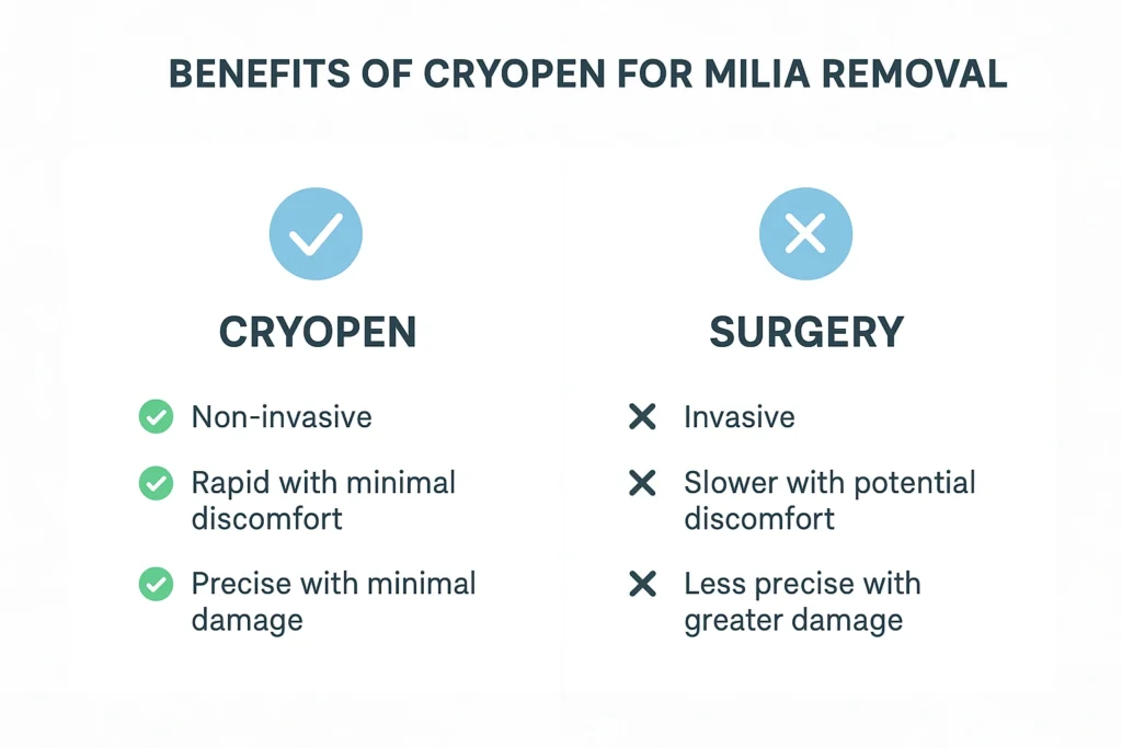 Benefits of cryopen for milia removal Liphook compared to surgical treatments.