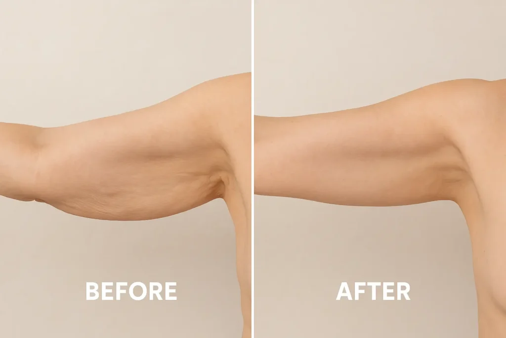 Picture of LA LIPO Liphook before and after results of skin tightening treatment on the upper arms.