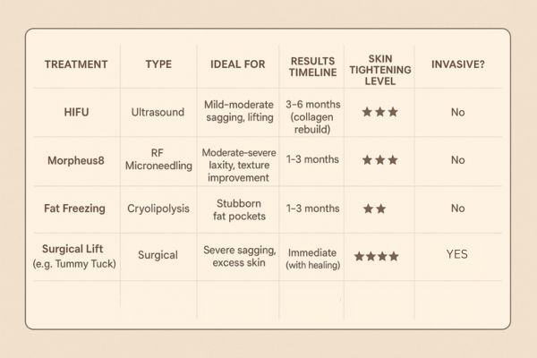 Table showing the comparisons of Skin tightening Liphook treatment options.